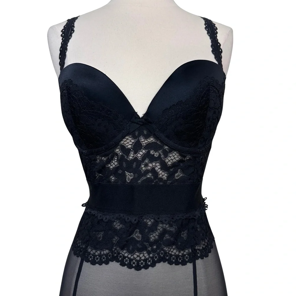 Victorias Secret 34D Black Lace Underwire Sexy Lingerie Teddy Garter Clip Dress - Picture 3 of 12
